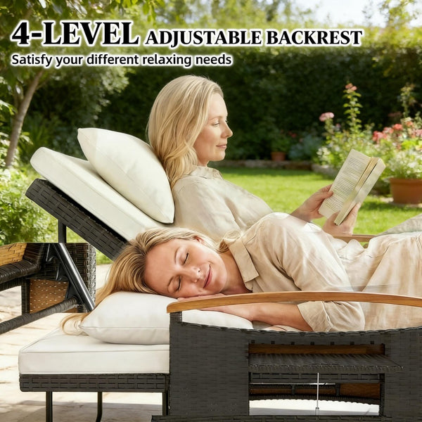 English Elm 4-in-1 Wicker Outdoor Daybed with Acacia Armrests Reclining Loveseat and Storage Ottoman T3971P484810