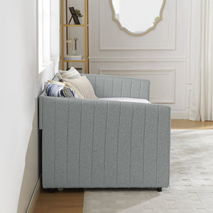 English Elm Twin Size Daybed With Trundle - Stylish Grey Linen Upholstered Sofa Bed With Vertical Stripes W1413S00089-GIGA