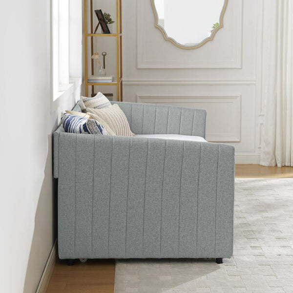 English Elm Twin Size Daybed With Trundle - Stylish Grey Linen Upholstered Sofa Bed With Vertical Stripes W1413S00089-GIGA