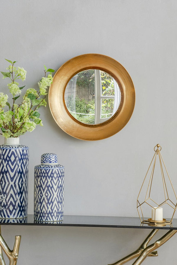English Elm D18.7 Gold Wall Mirror with LED Lighting — 18.5" Elegant Round Illuminated Accent for Bathroom Vanity, Loft Decor W2078P288176