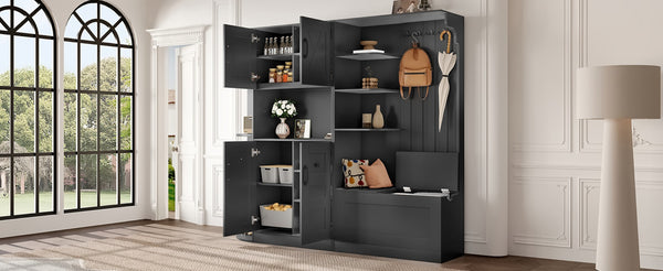 English Elm Multifunctional Modular Hall Tree Cabinet with Open Shelves and Hooks for Entryway Black W1580S00566