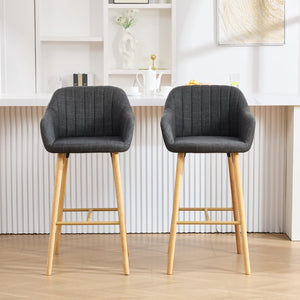 English Elm Modern Linen Upholstered Barstools with Oak Legs Armrests and Footrest for Kitchen Islands Black W395P396317