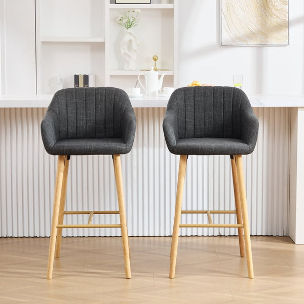 English Elm Modern Linen Upholstered Barstools with Oak Legs Armrests and Footrest for Kitchen Islands Black W395P396317