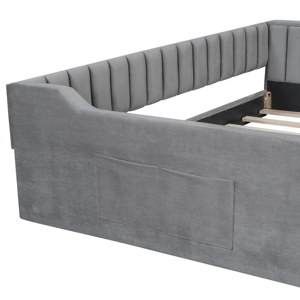 English Elm Full XL Upholstered Daybed with Velvet Channel Tufting, Tapered Dowel Legs & Side Storage Pocket Gray DL002211AAE