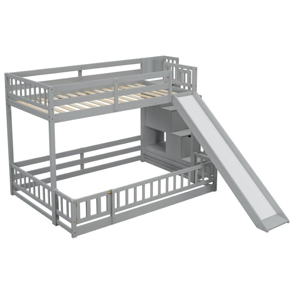 English Elm Twin Over Full Bunk Bed With Slide, Storage Staircase & Safety Guardrails - Grey Pine Design Fun! W504S00184-GIGA