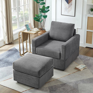 English Elm Classic Corduroy Chaise Lounge with Removable Backrest and Plush Ottoman, Stylish Living Room Seat Grey W2186S00007