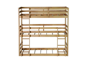 English Elm Triple Rubber Wood Bunk Bed with Built-In Ladders and Guardrails Maximizes Space for Families, Durable Design White Oak W504S00176