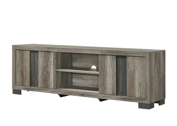 English Elm 1pc Modern Entertainment Console with Industrial Edge, Grey Wood Finish, Open Shelf & Two Drawers Brown Grey 19.69 L x 75 W x 26.38 H B2741P295455