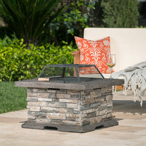 English Elm Christopher Knight Home® - 28" Square MGO Fire Pit Stone Gray – Elegant Magnesium Oxide Base, Iron Bowl, Mesh Cover & Poker Tool 54537.00