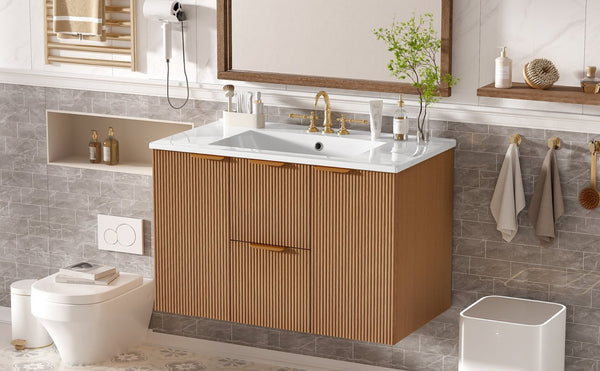 English Elm [video]36 Inch Floating Bathroom Vanity with Ceramic Sink Mdf Cabinet Soft Close N729P417256N