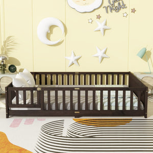 English Elm Queen Rubber Wood Floor Bed with Full Perimeter Safety Fence and Hinged Access Door Espresso W504P429342