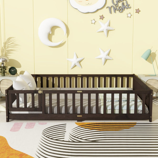 English Elm Queen Rubber Wood Floor Bed with Full Perimeter Safety Fence and Hinged Access Door Espresso W504P429342