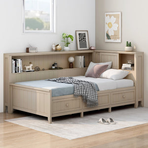 English Elm Twin Wood Daybed with 3 Drawers & Open Shelves, Antique White Milk Finish — Storage, Classic Charm, Twin Size Craftsmanship GX002213AAK