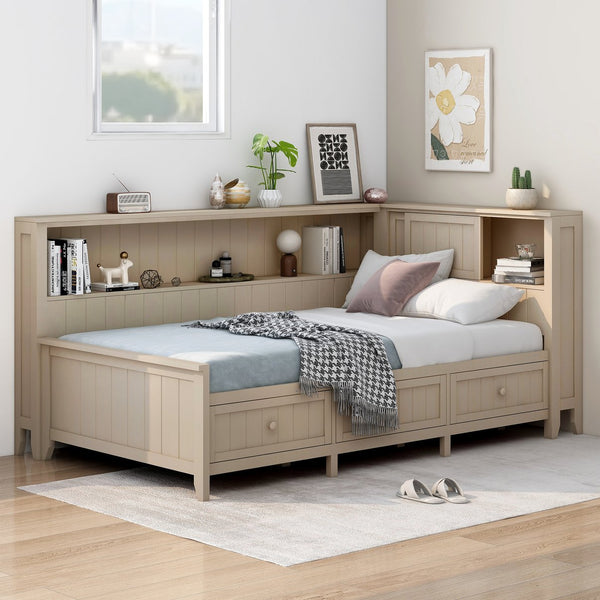 English Elm Twin Wood Daybed with 3 Drawers & Open Shelves, Antique White Milk Finish — Storage, Classic Charm, Twin Size Craftsmanship GX002213AAK
