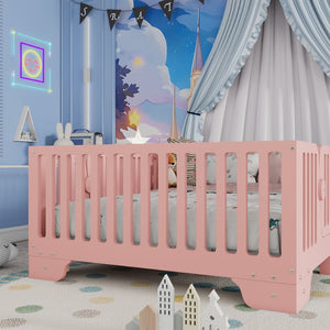 English Elm Twin Montessori Floor Bed with Safety Rails Hinged Door and Plywood Slats for Kids Pink W2593P381410