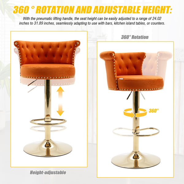 English Elm UNITED Velvet 360° Rotating Bar Chair with Diamond Stitching, Gold Frame, Plush Foam Seat, Adjustable Height Orange W1568P361721