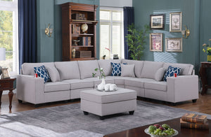 English Elm Cristiano Modular Linen Sectional Sofa with Ottoman Cupholders and Six Throw Pillows B2749S00101