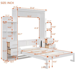 English Elm Full Size Murphy Wall Bed with Led Lighting Shelves Drawers and Fold Down Storage LP100565AAK