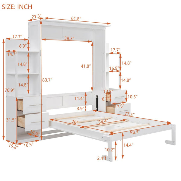 English Elm Full Size Murphy Wall Bed with Led Lighting Shelves Drawers and Fold Down Storage LP100565AAK