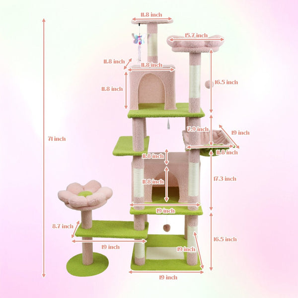 English Elm 71 Inch Floral Cat Tower with Condo Hammock Sisal Posts and Plush Perches for Large Breeds Pink W243P326627