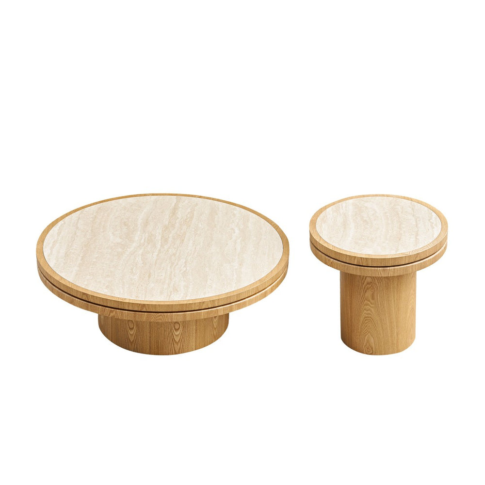 English Elm 35.43 Inch Round Sintered Stone Coffee Table with Mdf Pedestal Base for Modern Living W876S00351