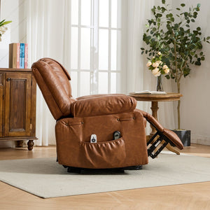 English Elm Brown PU Remote-Controlled Heating Massage Recliner for Seniors with Assist Lift, Cup Tray & Remote Controls W570P320458