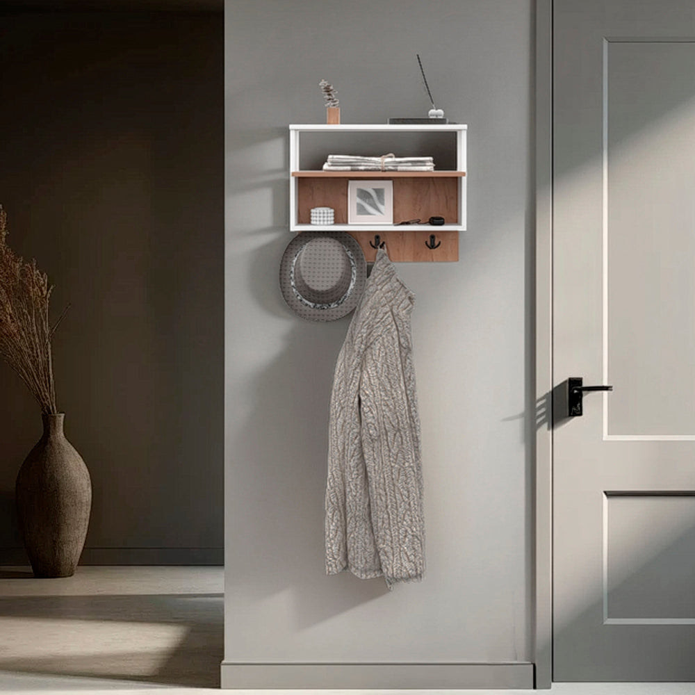 English Elm White Wall-Mounted Organizer in Natural Oak Finish with 3 Hooks and Open Shelf for Entryway Storage B062P380040