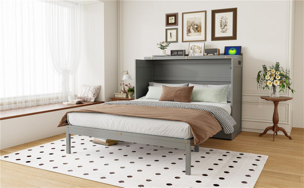 English Elm Queen Murphy Wall Bed Cabinet with Storage Drawer Built-in Power Outlets Usb Ports Gray LP000400AAE-1