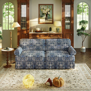English Elm Luxuriously Deep Chenille Sofa with Pleated Skirt and Rolled Arms for Living Rooms Blue Floral W1885S00295
