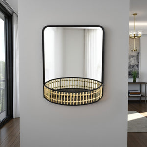 English Elm Elpis Black Metal Wall Mirror with Woven Mesh Shelf for Bohemian Modern Decor B056P416916