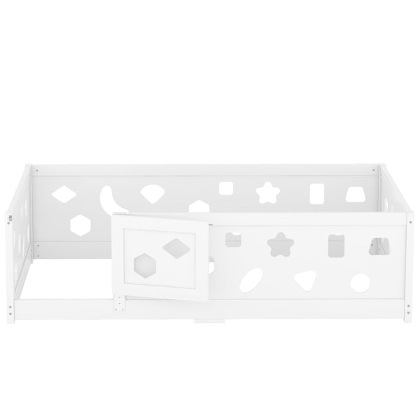 English Elm Twin Floor Bed with Safety Guardrails & Door in White — Solid Poplar Frame, Low Profile, Kids' Cozy Hideaway W1820P240540