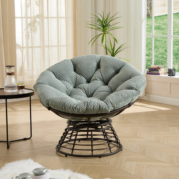 English Elm Comfortable Rattan Papasan Swivel Chair Overstuffed Corduroy Cushion Indoor Outdoor Lounge W640P443557
