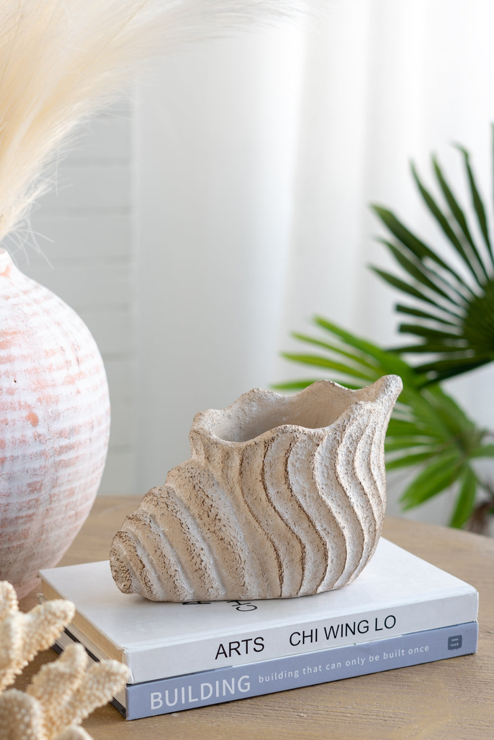English Elm 9x5.5x5.7" Sand and Cement Conch Shell Planter — Textured Beige Coastal Decor for Succulents & Herbs W2078P334249
