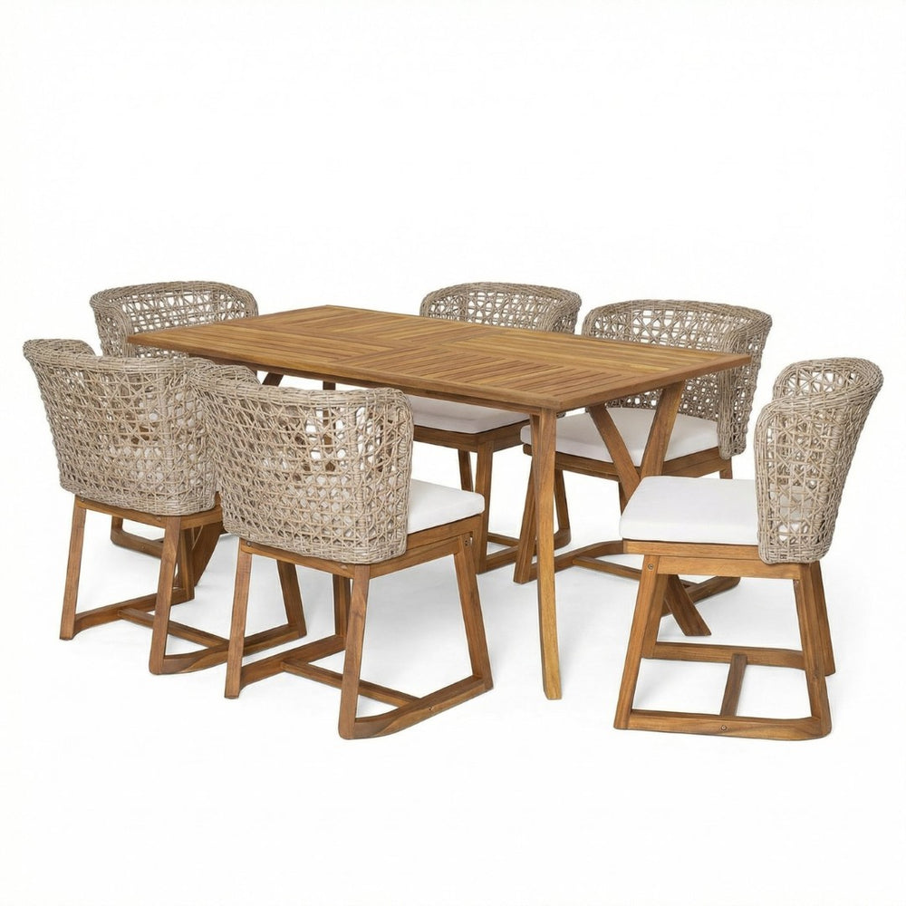 English Elm Outdoor Acacia Wood Dining Set Seats Six with Wicker Chairs and Teak Finish Patio Table N773OD00137B