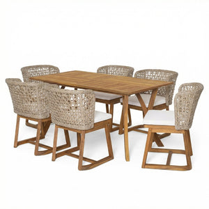 English Elm Outdoor Acacia Wood Dining Set Seats Six with Wicker Chairs and Teak Finish Patio Table N773OD00137B