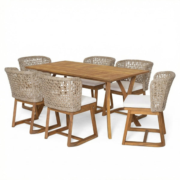 English Elm Outdoor Acacia Wood Dining Set Seats Six with Wicker Chairs and Teak Finish Patio Table N773OD00137B