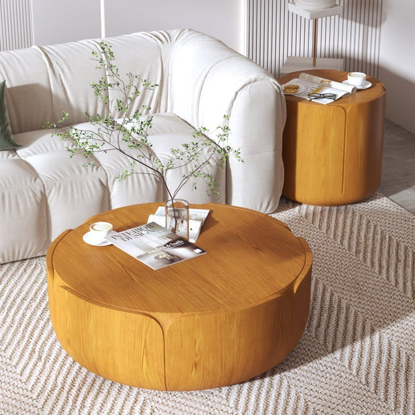 English Elm Round Mgo Drum Coffee Table Set Weatherproof Wood Grain Finish for Patio or Living Room Natural W757S00050