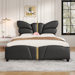English Elm Christopher Knight Home® - Full Upholstered PU Leather Bed Frame with Butterfly Headboard, Gold Accents, Solid Wood Platform Black 78.25 L x 10 W x 3.25 H N761S0000018B