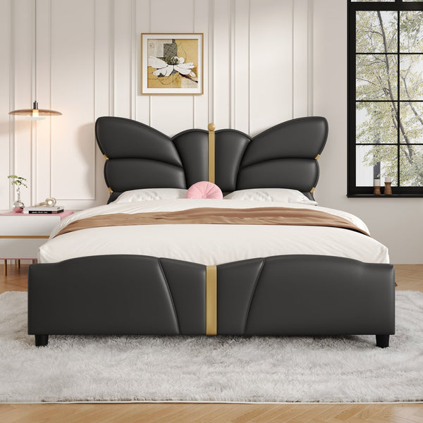 English Elm Christopher Knight Home® - Full Upholstered PU Leather Bed Frame with Butterfly Headboard, Gold Accents, Solid Wood Platform Black 78.25 L x 10 W x 3.25 H N761S0000018B