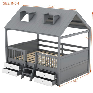 English Elm Full Size House Bed Frame Solid Wood with Storage Drawers Peaked Roofline Kids Playhouse Gray LP000466AAE-1