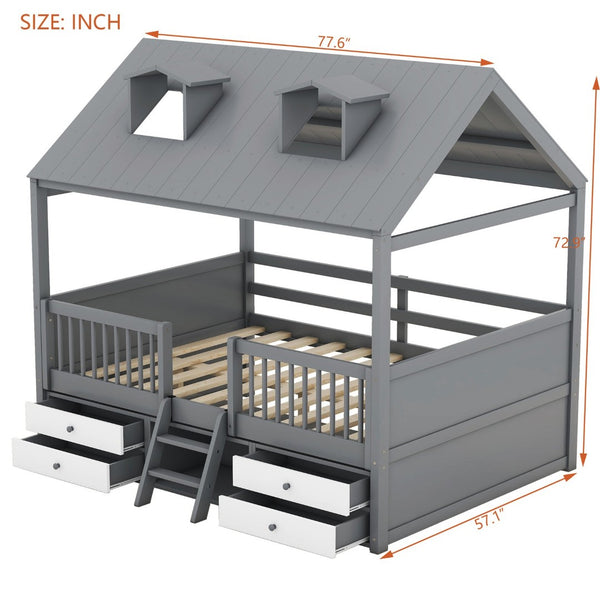 English Elm Full Size House Bed Frame Solid Wood with Storage Drawers Peaked Roofline Kids Playhouse Gray LP000466AAE-1