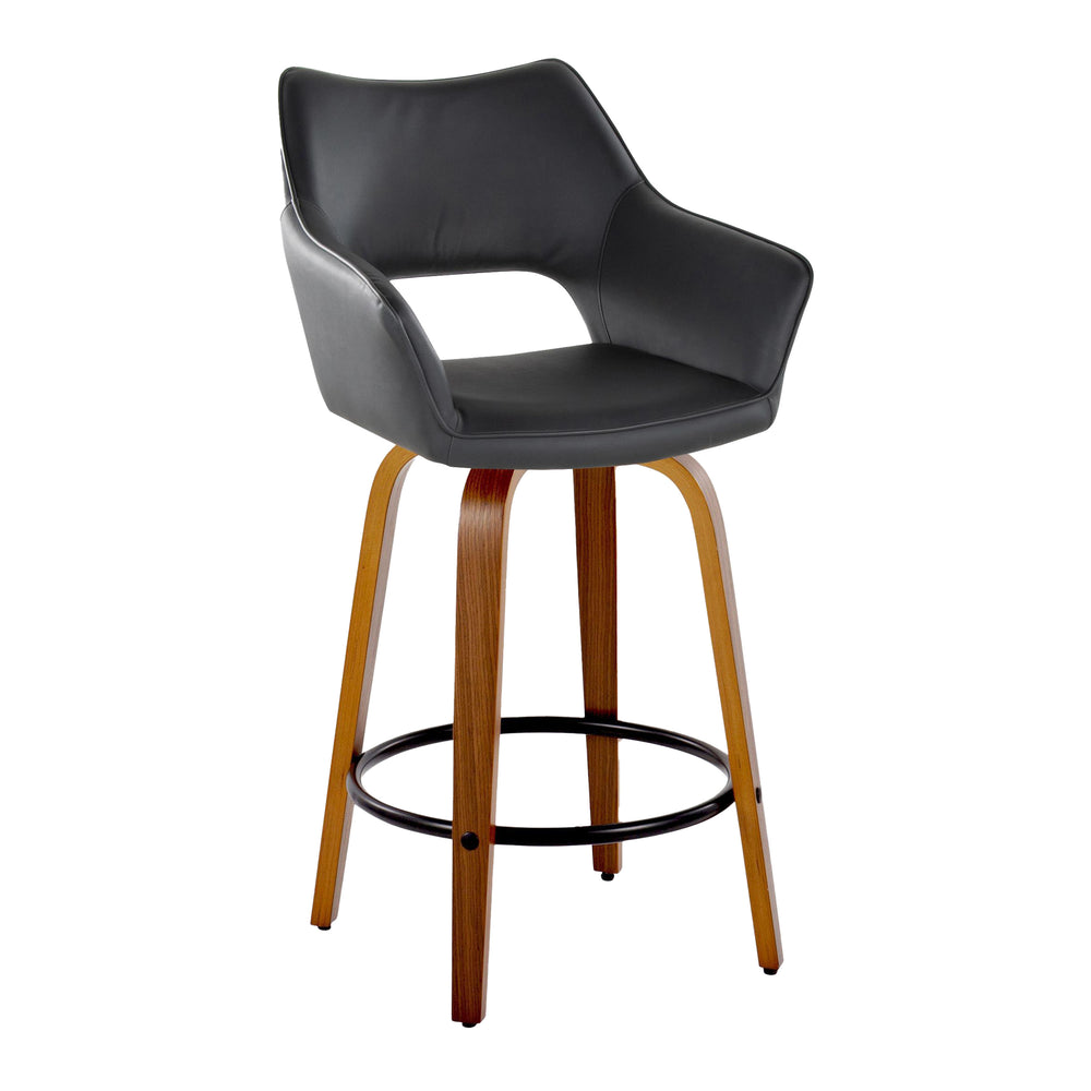 English Elm Mustang 26" Contemporary Counter Stool Set of 2 — Swivel Walnut Bentwood Legs, Black Faux Leather, Footrest B202S00366