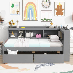 English Elm Twin Size L-Shaped Bookcase Bed With Usb Charging, Drawers, And Stylish Grey Finish For Modern Rooms W504S00218-GIGA