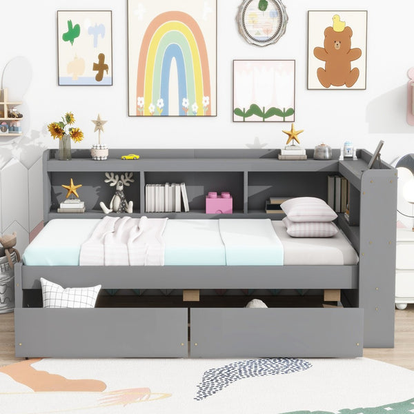 English Elm Twin Size L-Shaped Bookcase Bed With Usb Charging, Drawers, And Stylish Grey Finish For Modern Rooms W504S00218-GIGA