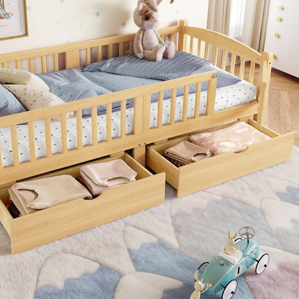 English Elm Twin Xl Kids Platform Bed Pine Wood Frame with Guardrails and Under Bed Storage Natural W1580P383113