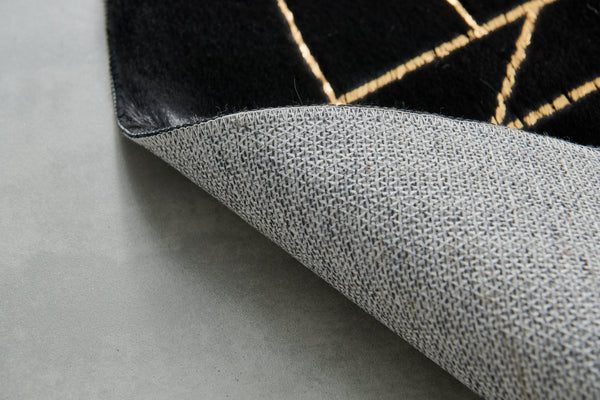 English Elm Luxury Machine Washable Black Faux Fur Area Rug With Gold Geometric Design For Modern Homes B030P233702