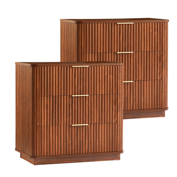 English Elm 3 Drawer Walnut Dresser Set with Curved Wave Corners, Waterproof Top, Modern Nightstands for Bedroom W1820P337284