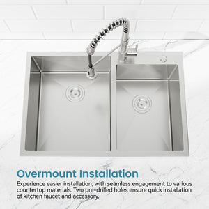 English Elm 33"x19" Handcrafted Stainless Steel Double Bowl Overmount Kitchen Sink Satin Finish T3177P296190