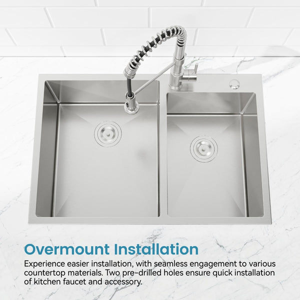 English Elm 33"x19" Handcrafted Stainless Steel Double Bowl Overmount Kitchen Sink Satin Finish T3177P296190