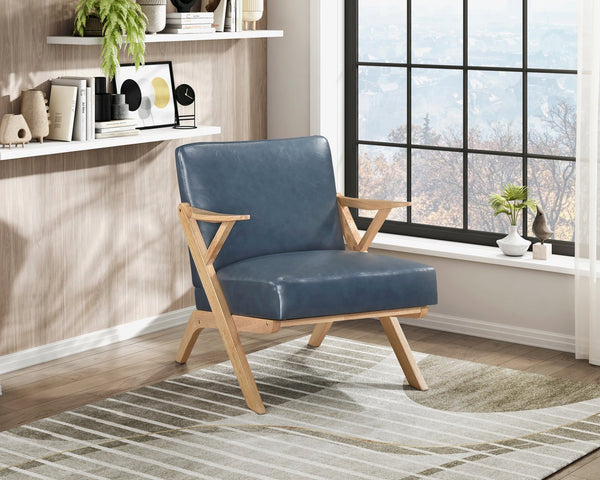English Elm Natural Solid Rubberwood Frame Accent Chair with Brown Faux Leather Upholstery for Living Room Comfort and Style Blue,Natural 26 L x 25.25 W x 12.5 H B011P287479